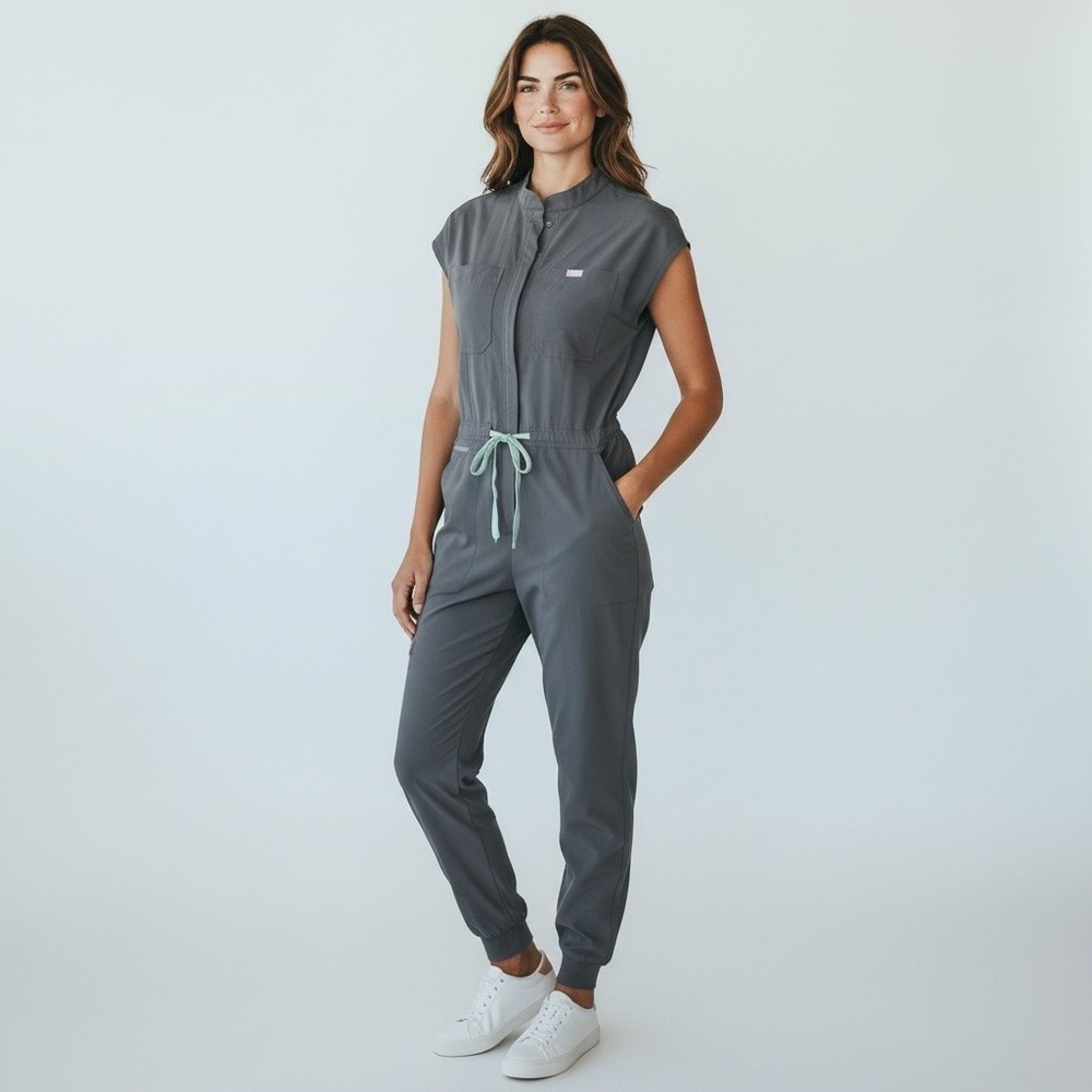 Figs Technical Collection Women Scrub Jumpsuit Short Sleeve Jogger army green S